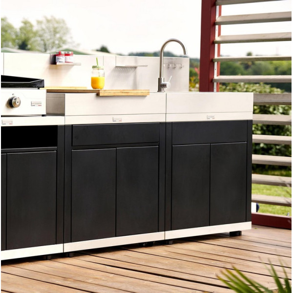 Cuisine d'extérieur LE MARQUIER 3 éléments avec crédences coloris DUO noir et inox