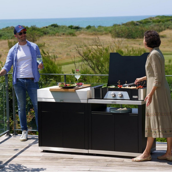 Cuisine d'extérieur LE MARQUIER îlot 4 éléments coloris DUO noir et inox