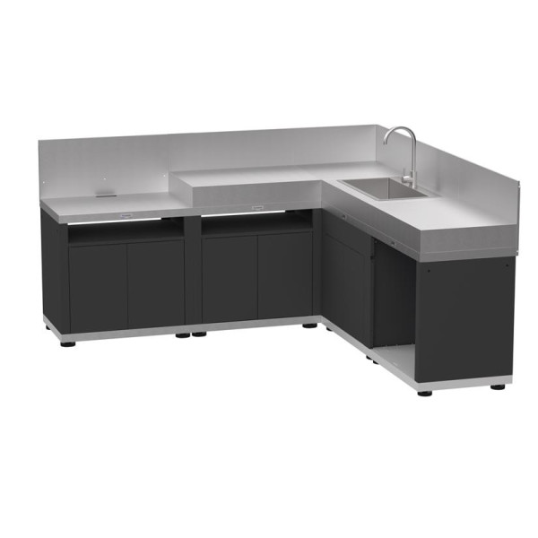 Cuisine d'extérieur LE MARQUIER d'angle 5 éléments avec crédences coloris DUO noir et inox