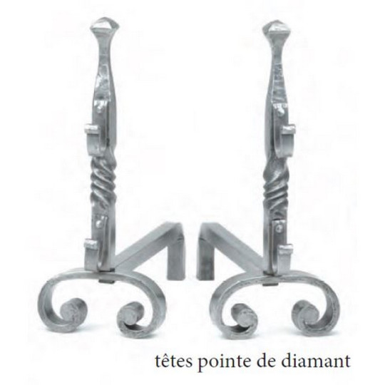 Paire de chenets REIGNOUX CH 2 tête pointe de diamant h.37cm