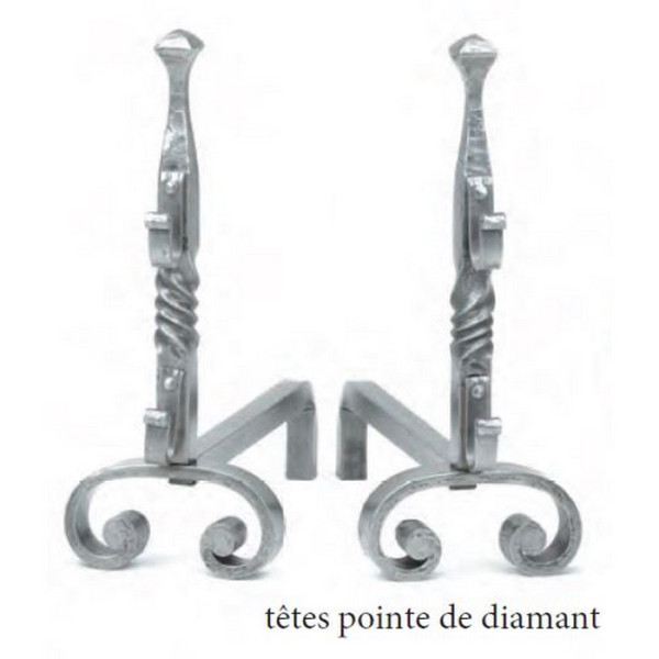 Paire de chenets REIGNOUX CH 2 tête pointe de diamant h.37cm