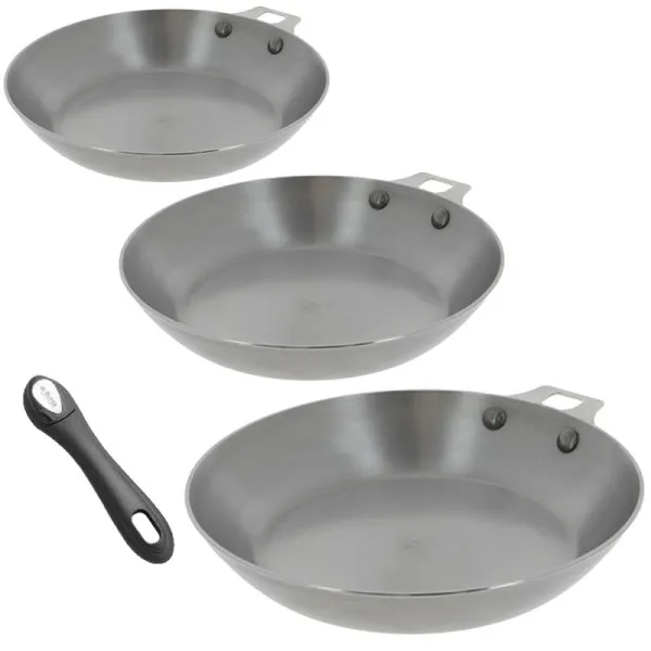 Set batterie DE BUYER 3 poêles à frire Mineral B amovible 20, 24 et 28cm + poignée