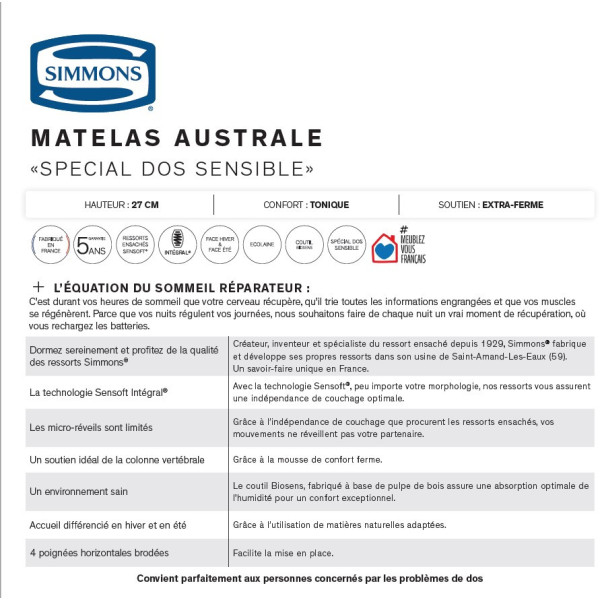 Matelas Simmons Australe - 9 tailles