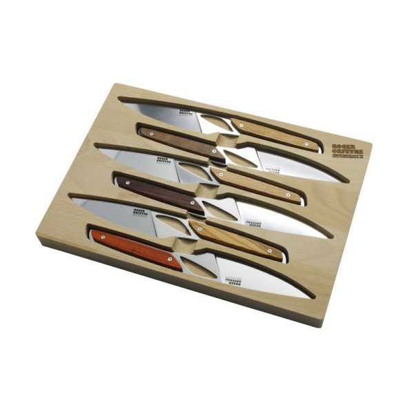 Coffret 4 ou 6 couteaux Roger Orfèvre Le Chalopin manche bois soie