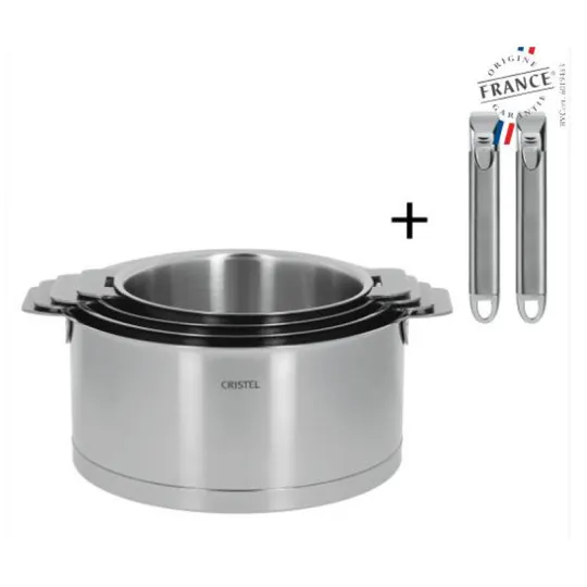 Set batterie de 4 casseroles CRISTEL Strate + 2 poignées Zénith amovible