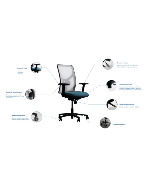 Fauteuil chaise de bureau Navailles Happy Suzanne résille - 6 finitions