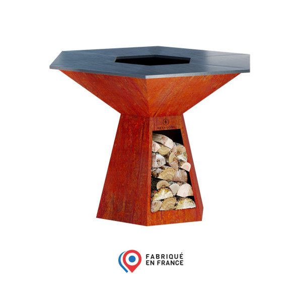 Brasero plancha HEXAGONE Grand banquet 150cm finition corten