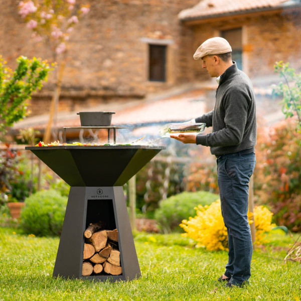 Brasero plancha HEXAGONE Grand banquet 150cm finition corten