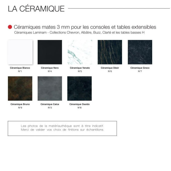 Table à manger fixe Luge Dasras céramique bois chêne H.75 - 9 finitions 3 tailles