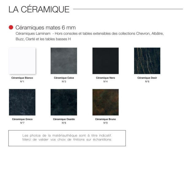 Table à manger fixe Luge Dasras céramique bois chêne H.75 - 9 finitions 3 tailles