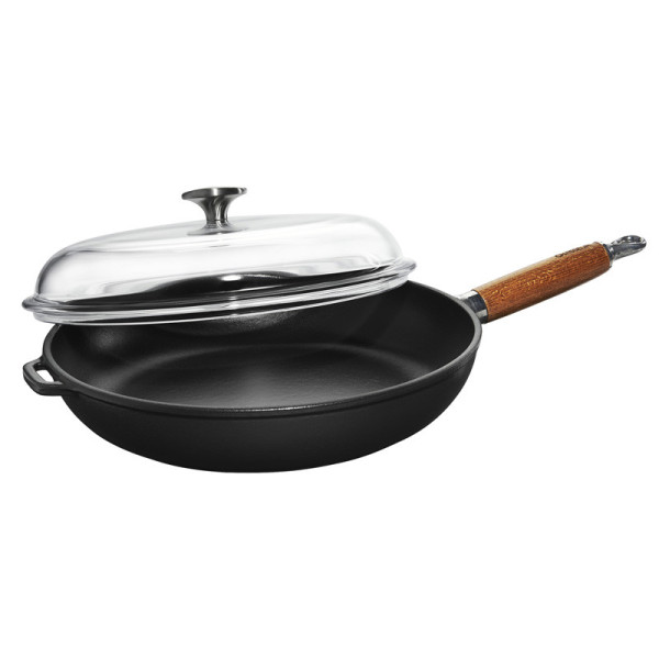 Poêle ronde en fonte CHASSEUR 28cm manche en bois avec couvercle - 2 coloris