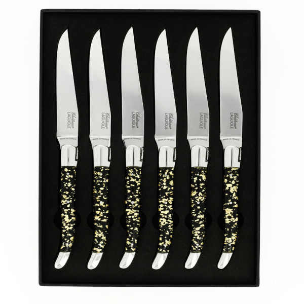 Coffret de 6 couteaux de table CHATEAU LAGUIOLE Collection Héritage Aurum résine noire
