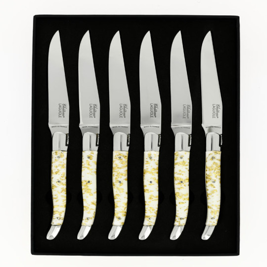 Coffret de 6 couteaux de table CHATEAU LAGUIOLE Collection Héritage Aurum résine blanche