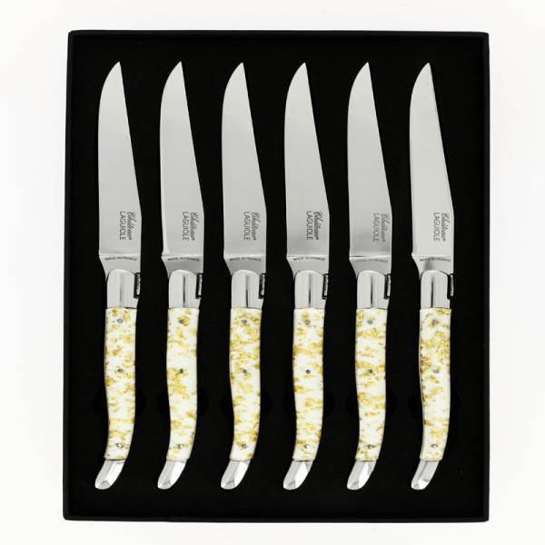 Coffret de 6 couteaux de table CHATEAU LAGUIOLE Collection Héritage Aurum résine blanche