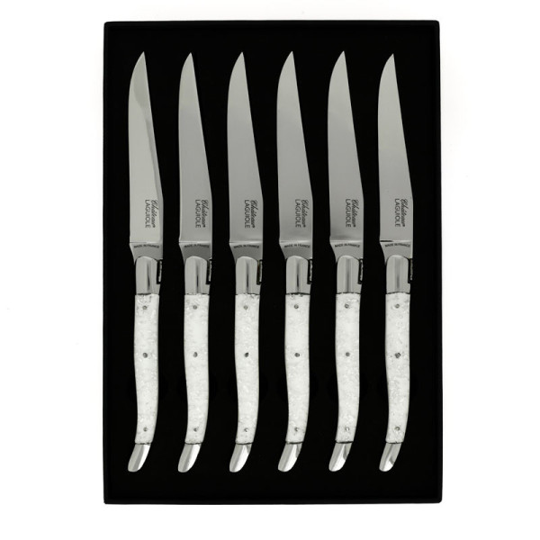 Coffret de 6 couteaux de table CHATEAU LAGUIOLE Collection Héritage Argentum résine blanche
