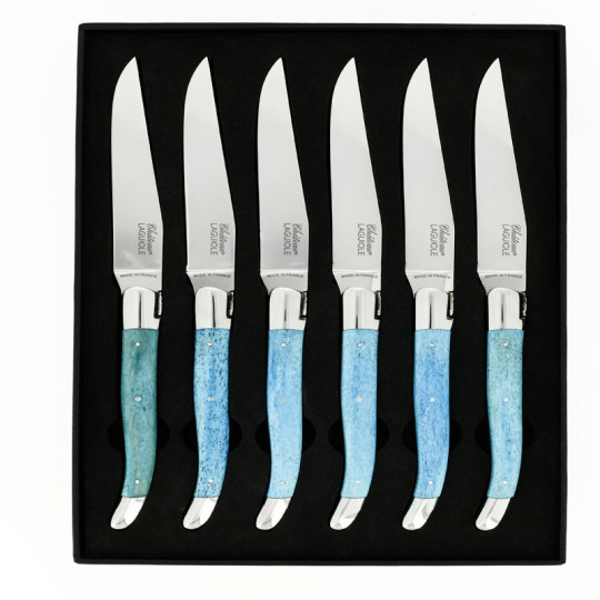 Coffret de 6 couteaux de table CHATEAU LAGUIOLE Collection Héritage Os teinté bleu