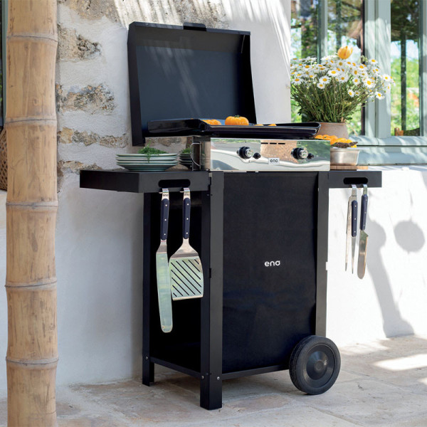 Combo plancha gaz chariot ENO Initial 50cm 2 brûleurs inox noir