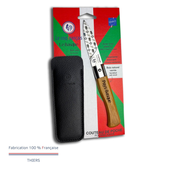 Couteau de poche avec étui LE COQ FRANCAIS Le Coq Virole Basque manche en bois de chêne