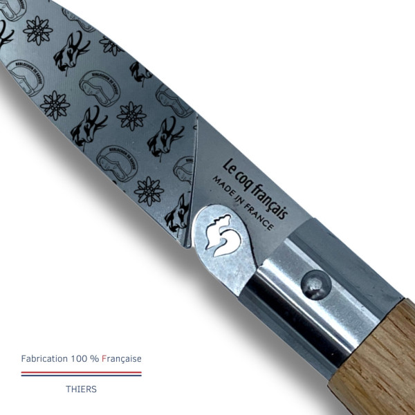 Couteau de poche avec étui LE COQ FRANCAIS Le Coq Virole Savoyard manche en bois de chêne