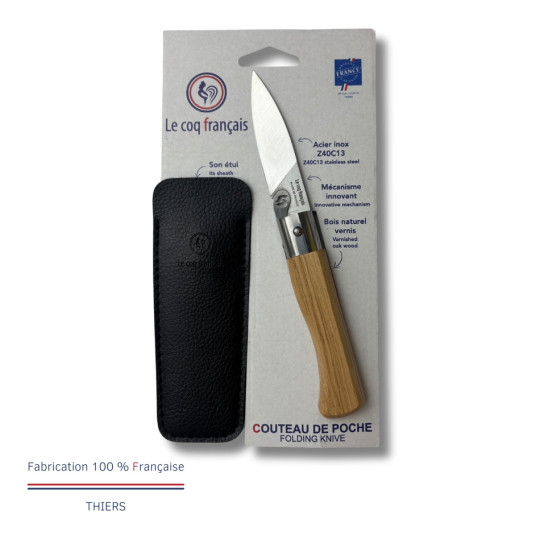 Couteau de poche avec étui LE COQ FRANCAIS Le Coq Standard manche en bois de chêne