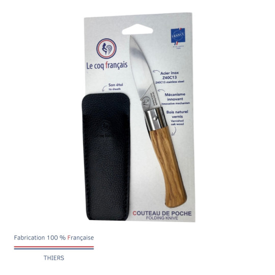 Couteau de poche avec étui LE COQ FRANCAIS Le Coq Standard manche en bois d'olivier