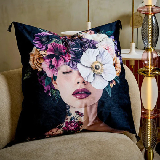 Coussin velours Pienza PODEVACHE pompons carré 45x45cm