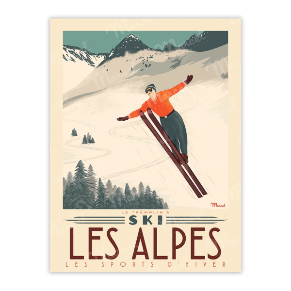 Affiche MARCEL TRAVEL POSTERS Les Alpes Tremplin à ski format 30x40cm