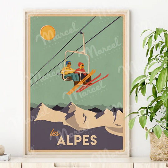 Affiche MARCEL TRAVEL POSTERS Les Alpes Le télésiège format 30x40cm