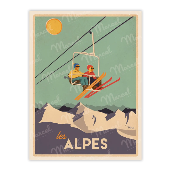 Affiche MARCEL TRAVEL POSTERS Les Alpes Le télésiège format 30x40cm
