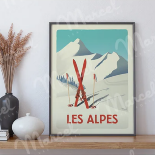 Affiche MARCEL TRAVEL POSTERS Les Alpes Les skis rouges format 30x40cm