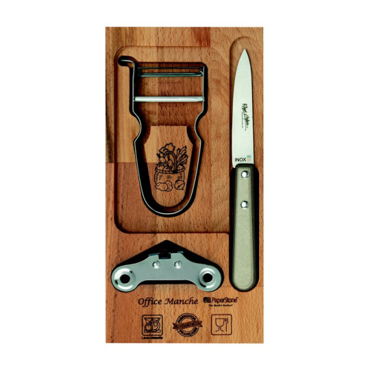 Coffret en bois ROGER ORFEVRE ouvre-boite castor couteau d'office manche paperstone sable