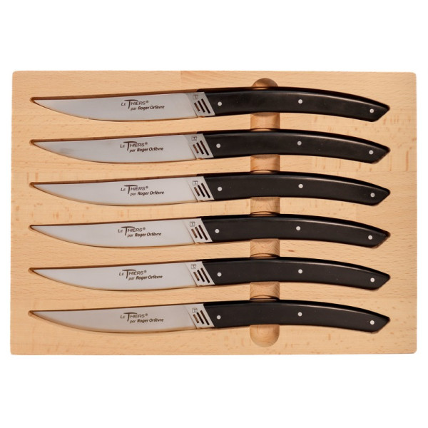 Coffret ROGER ORFEVRE 6 couteaux de table Le Thiers 3G manche paperstone noir