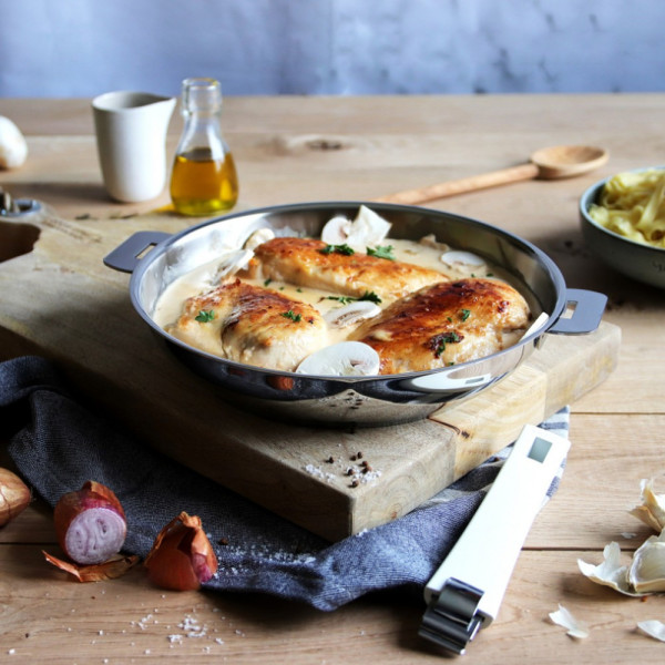 Set batterie CRISTEL 2 poêles hautes Mutine amovibles inox 24 et 28cm avec poignée bleue