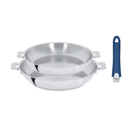 Set batterie CRISTEL 2 poêles hautes Mutine amovibles inox 24 et 28cm avec poignée bleue