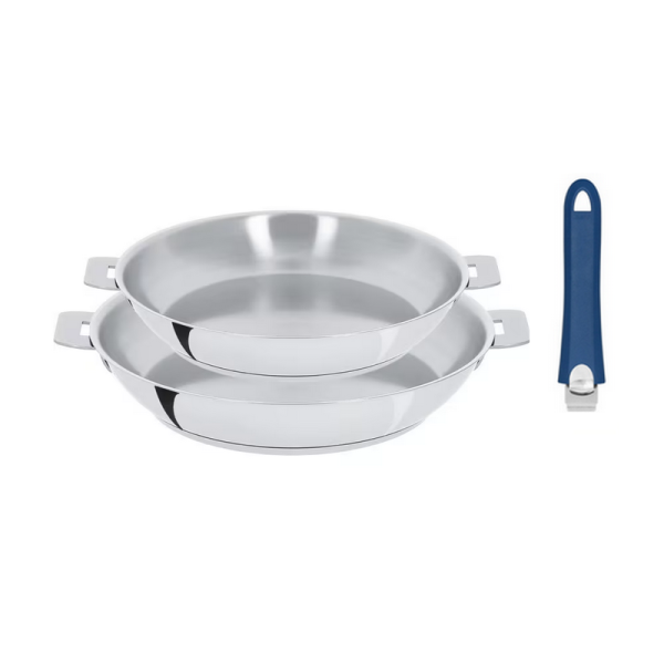 Set batterie CRISTEL 2 poêles hautes Mutine amovibles inox 24 et 28cm avec poignée bleue