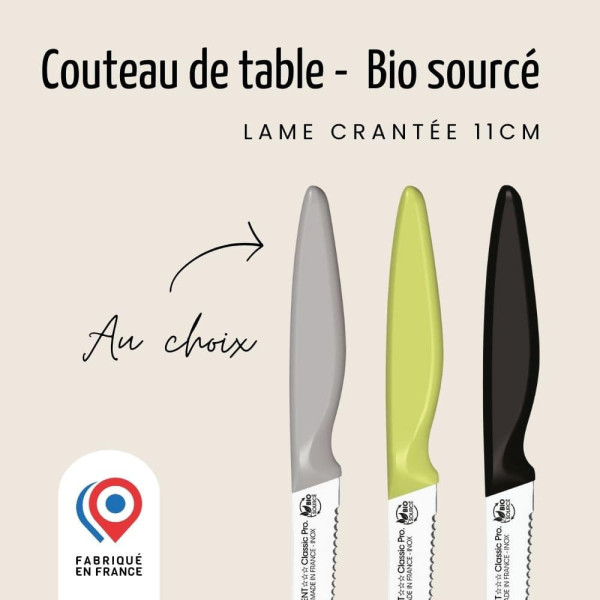 Couteau de table NOGENT 3 ETOILES double crantage 11cm Bio Sourcé - 3 coloris