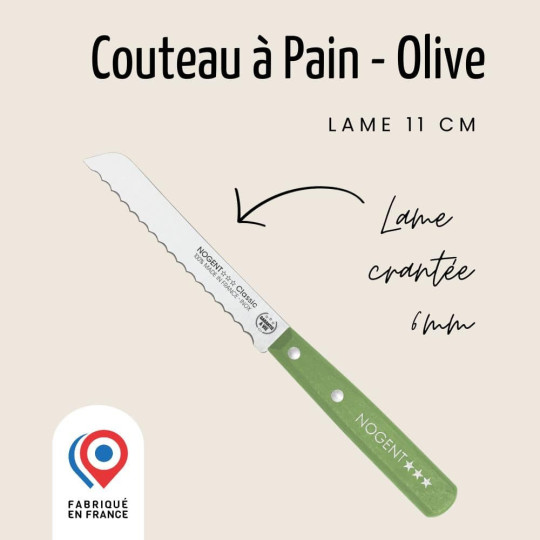 Couteau à pain NOGENT 3 ETOILES lame 11cm crantée 6 mm - 5 coloris