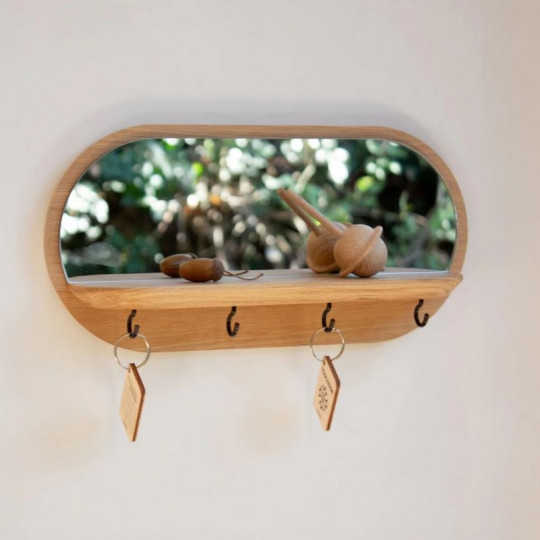 Etagère vide-poche en chêne avec miroir