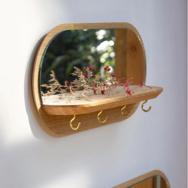 Etagère vide-poche en chêne avec miroir