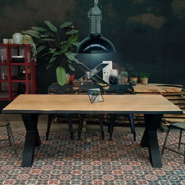 Table de repas BRUT modèle X rectangulaire en bois massif chêne clair piètement noir croisé - 8 tailles