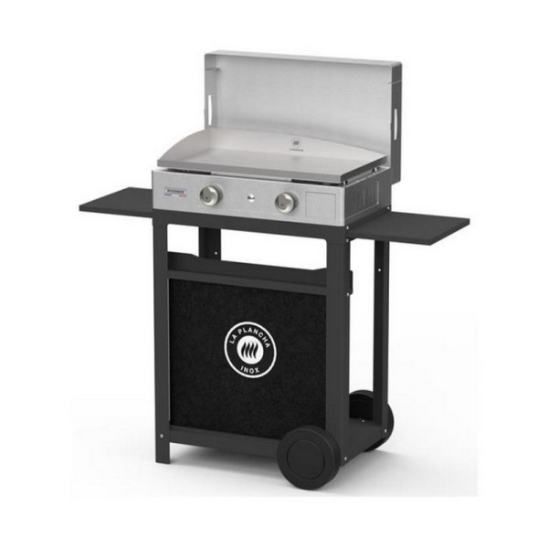 Plancha inox LE MARQUIER Gaz Duo Edition : couvercle, chariot en acier noir, porte-épices et rideau inclus