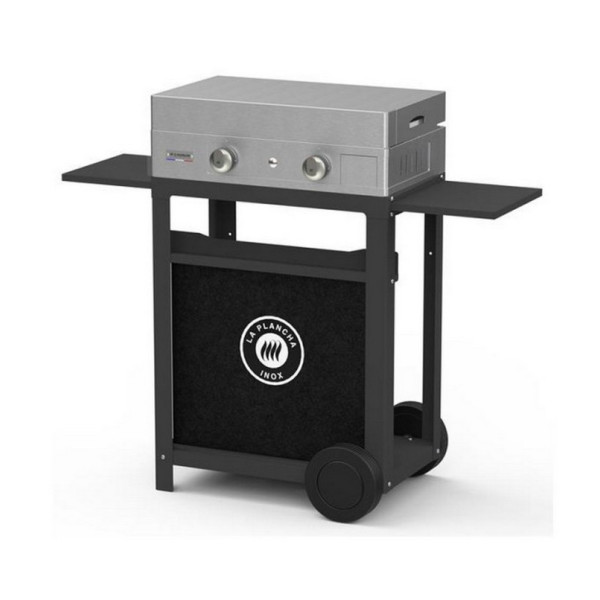 Plancha inox LE MARQUIER Gaz Duo Edition : couvercle, chariot en acier noir, porte-épices et rideau inclus
