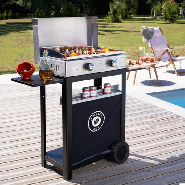 Plancha inox LE MARQUIER Gaz Duo Edition : couvercle, chariot en acier noir, porte-épices et rideau inclus