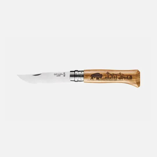 Couteau pliant fermant OPINEL n°8 Tradition gravé Animalia America en chêne Bison