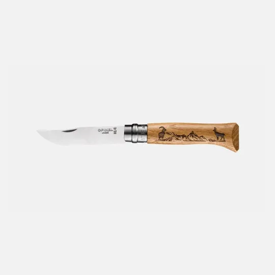 Couteau pliant fermant OPINEL n°8 Tradition gravé Animalia en chêne Chamois