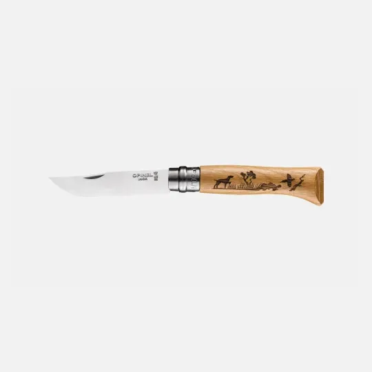 Couteau pliant fermant OPINEL n°8 Tradition gravé Animalia en chêne Chien