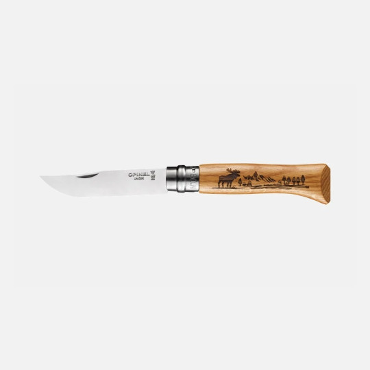 Couteau pliant fermant OPINEL n°8 Tradition gravé Animalia America en chêne Elan