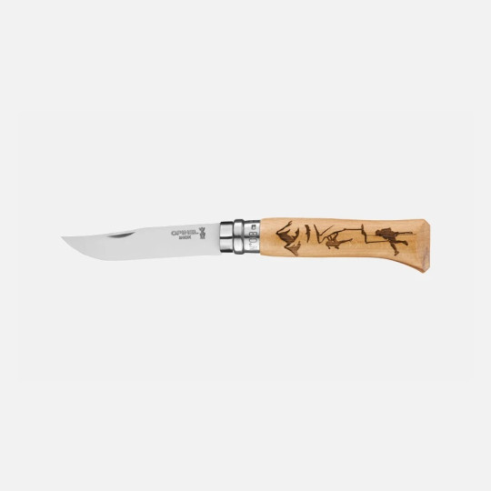 Couteau pliant fermant OPINEL n°8 Tradition gravé sport Escalade en hêtre