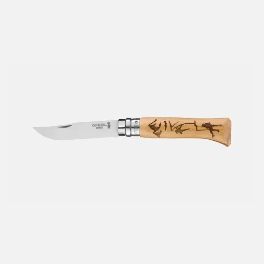 Couteau pliant fermant OPINEL n°8 Tradition gravé sport Escalade en hêtre