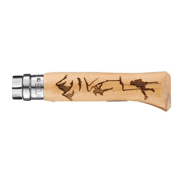 Couteau pliant fermant OPINEL n°8 Tradition gravé sport Escalade en hêtre